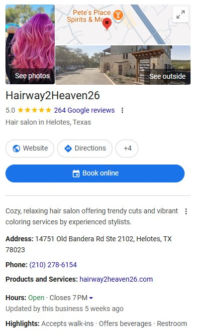 Verified Google Business Profile for Hairway 2 Heaven 26, a hair salon in Helotes, TX, showing a 5.0 rating from 264 Google reviews, a Book online button, the address at 14751 Old Bandera Rd Ste 2102, and a direct phone line.