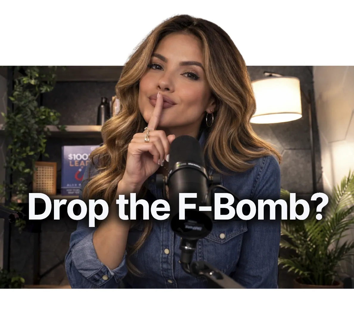 Podcast host at Podcast Studio San Antonio holding a finger to her lips beside a studio microphone, with the words Drop the F-Bomb across the frame