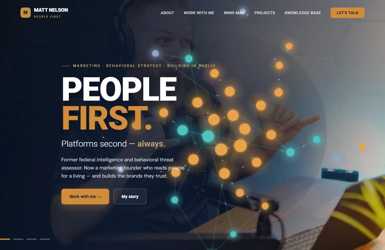 officialmattnelson.com homepage — the People First hero with an animated network-of-nodes motif over a studio portrait