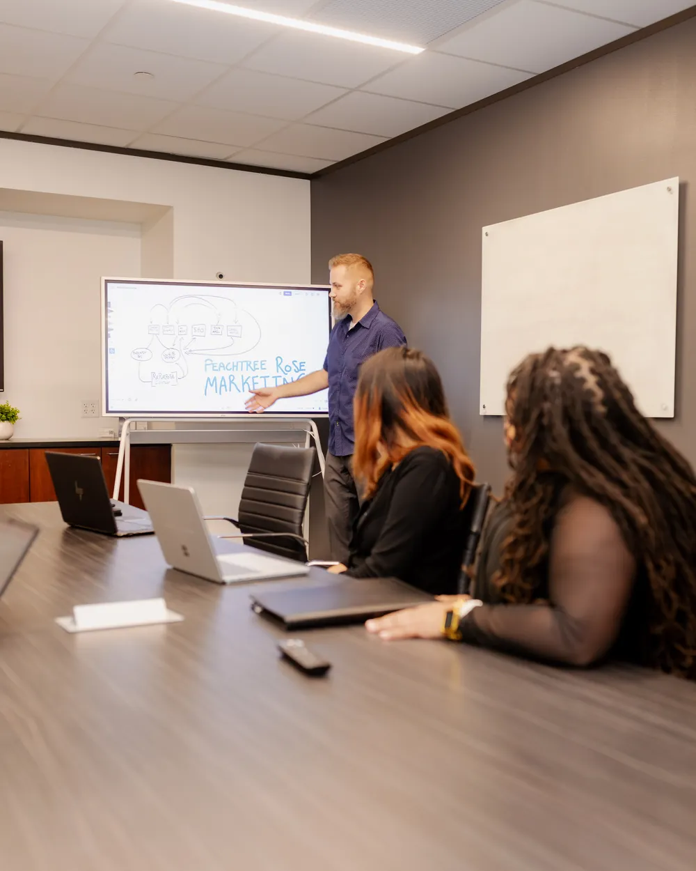 Matt Nelson points to a hand-drawn map on a touchscreen showing how Peachtree Rose Marketing services connect: podcast, web design, SEO, email, and repurposed content.