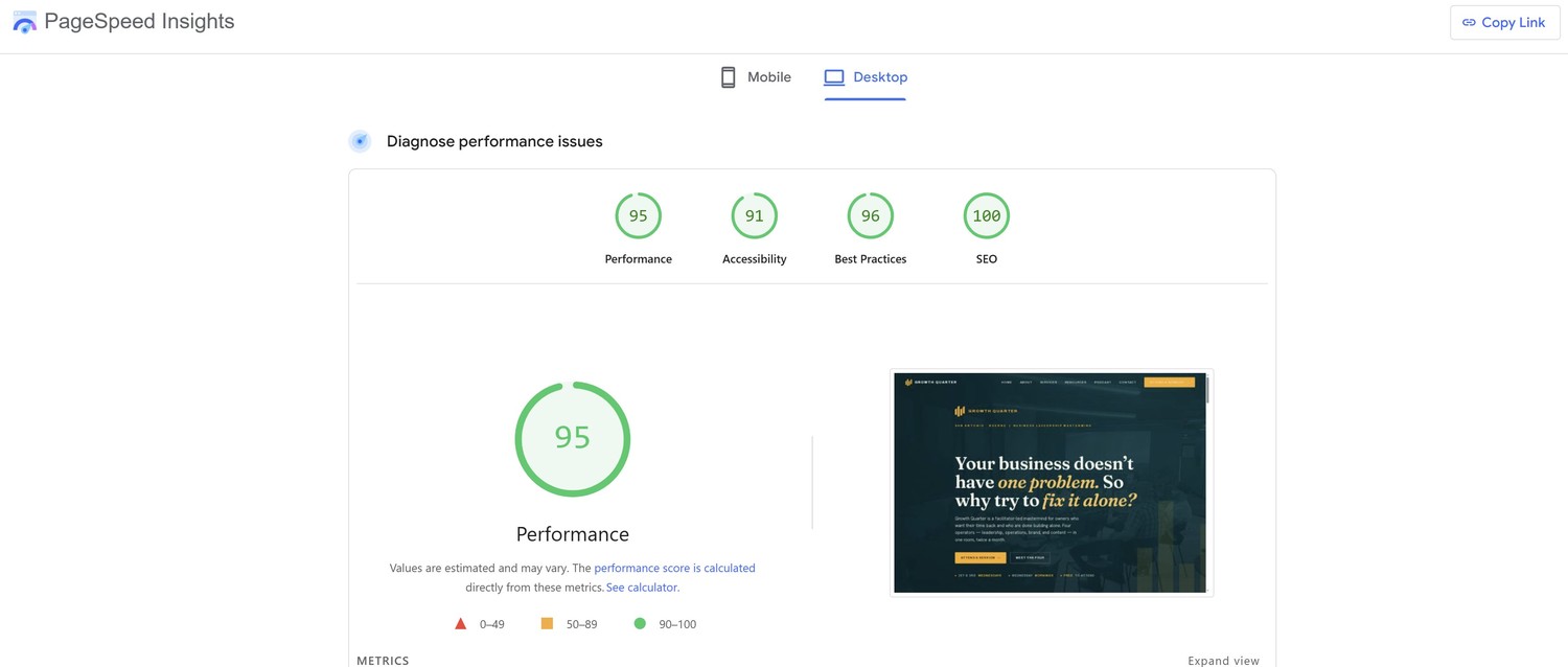 Google PageSpeed Insights showing Performance 95, Accessibility 91, Best Practices 96, SEO 100 for Growth Quarter Mastermind
