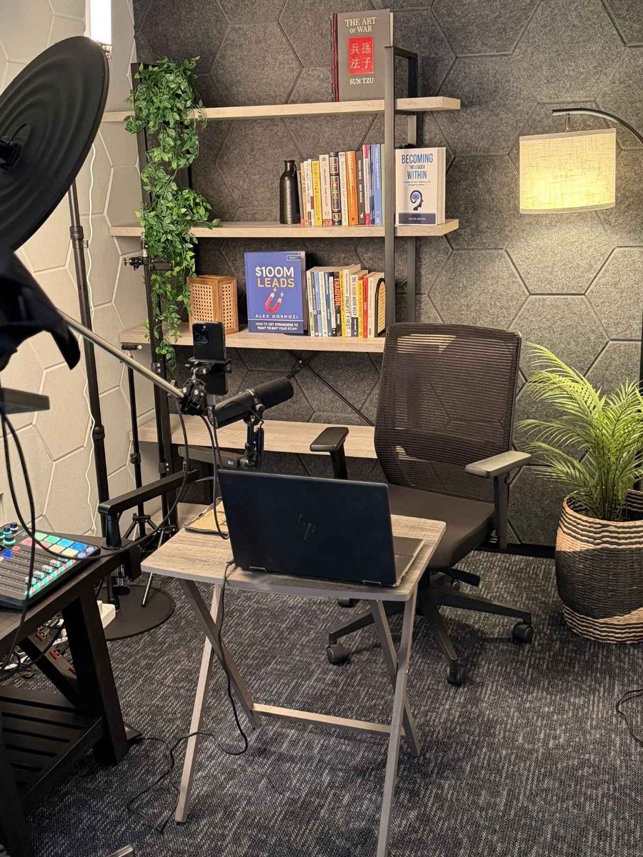 Solo recording setup in a San Antonio podcast studio