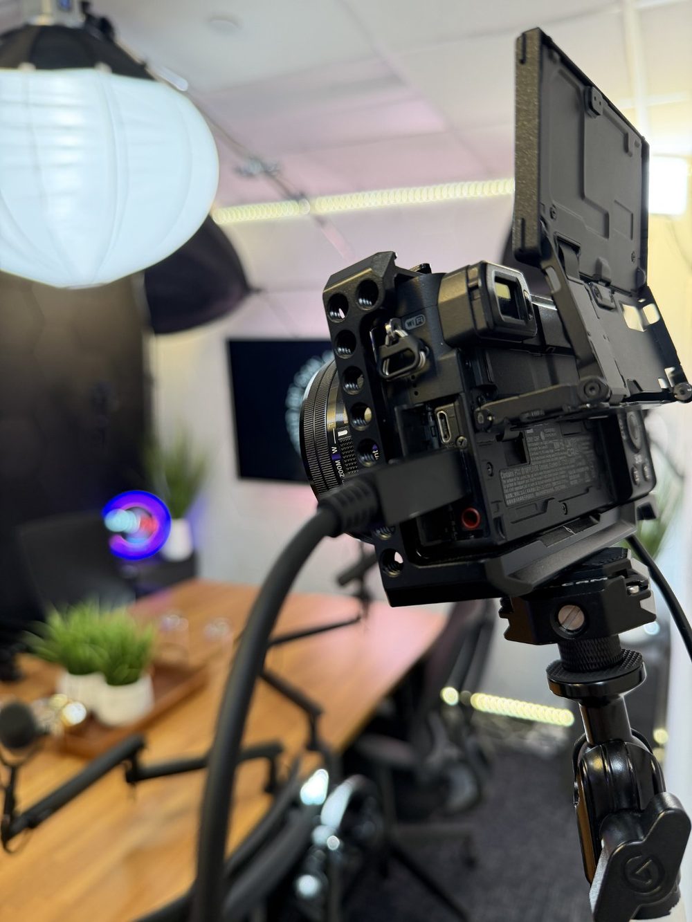 Cinema-style camera rig in a San Antonio video podcast studio