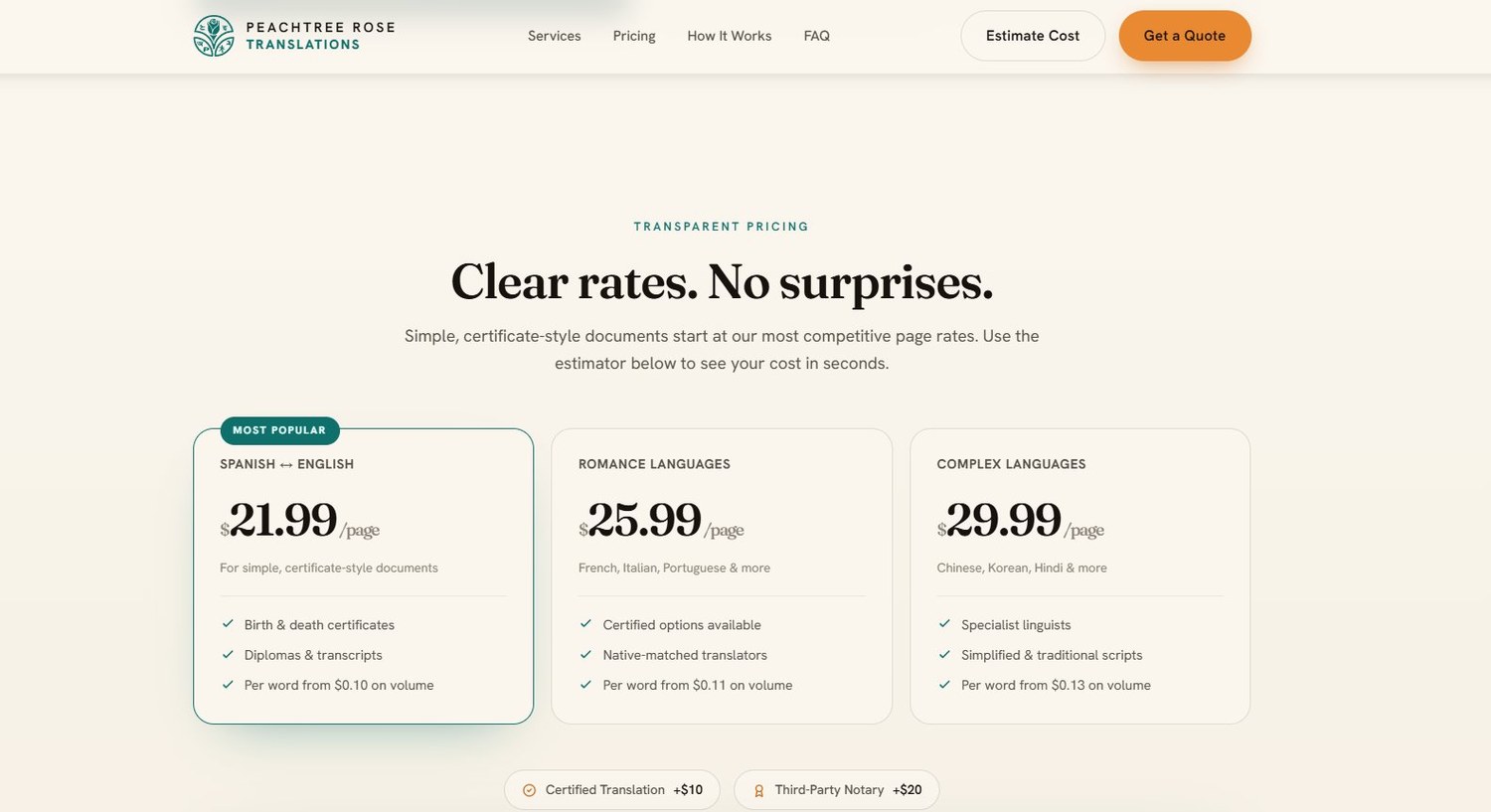 Transparent published pricing tiers by language
