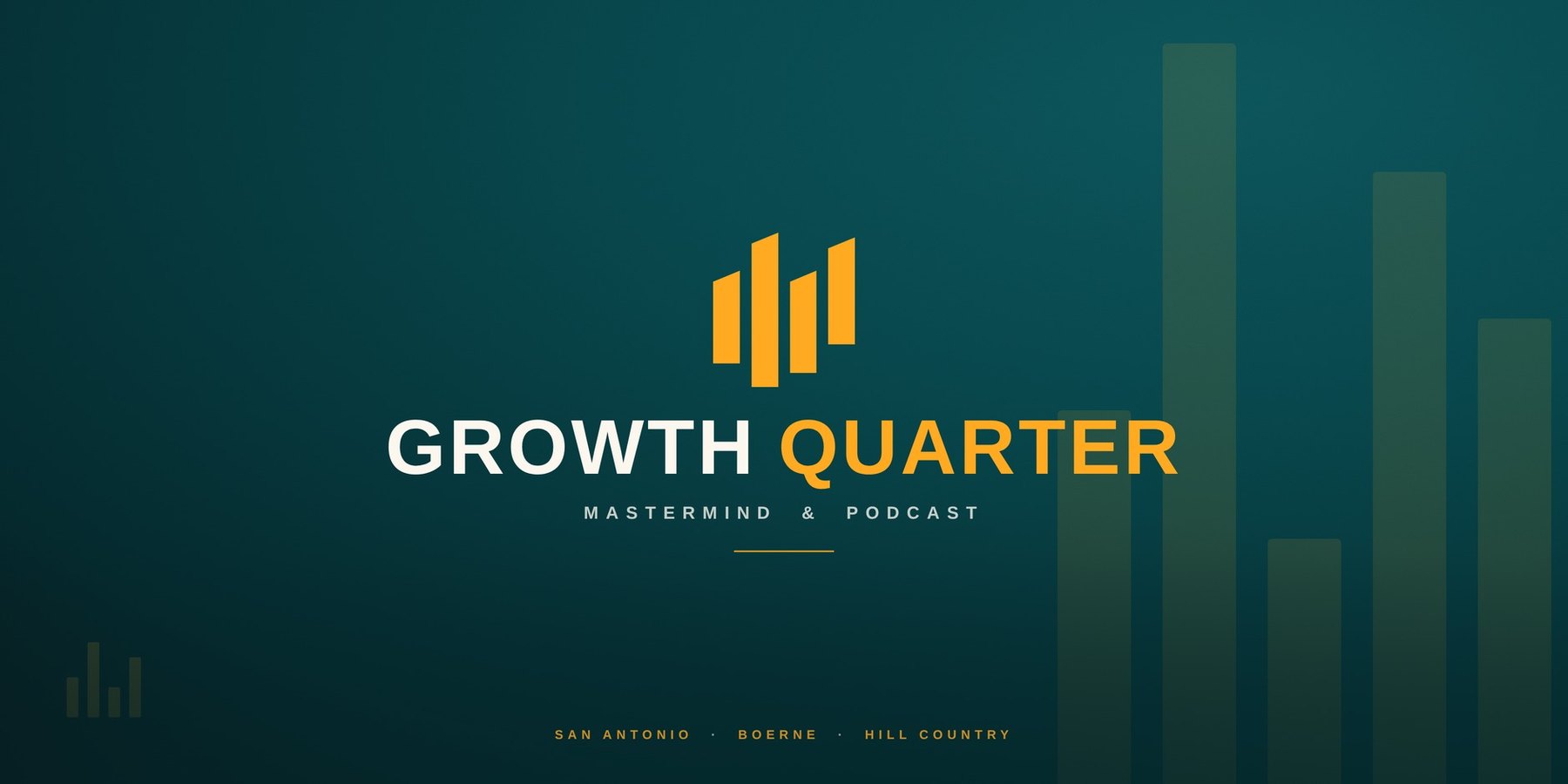 Growth Quarter Mastermind brand identity — gold equalizer bars on a teal palette