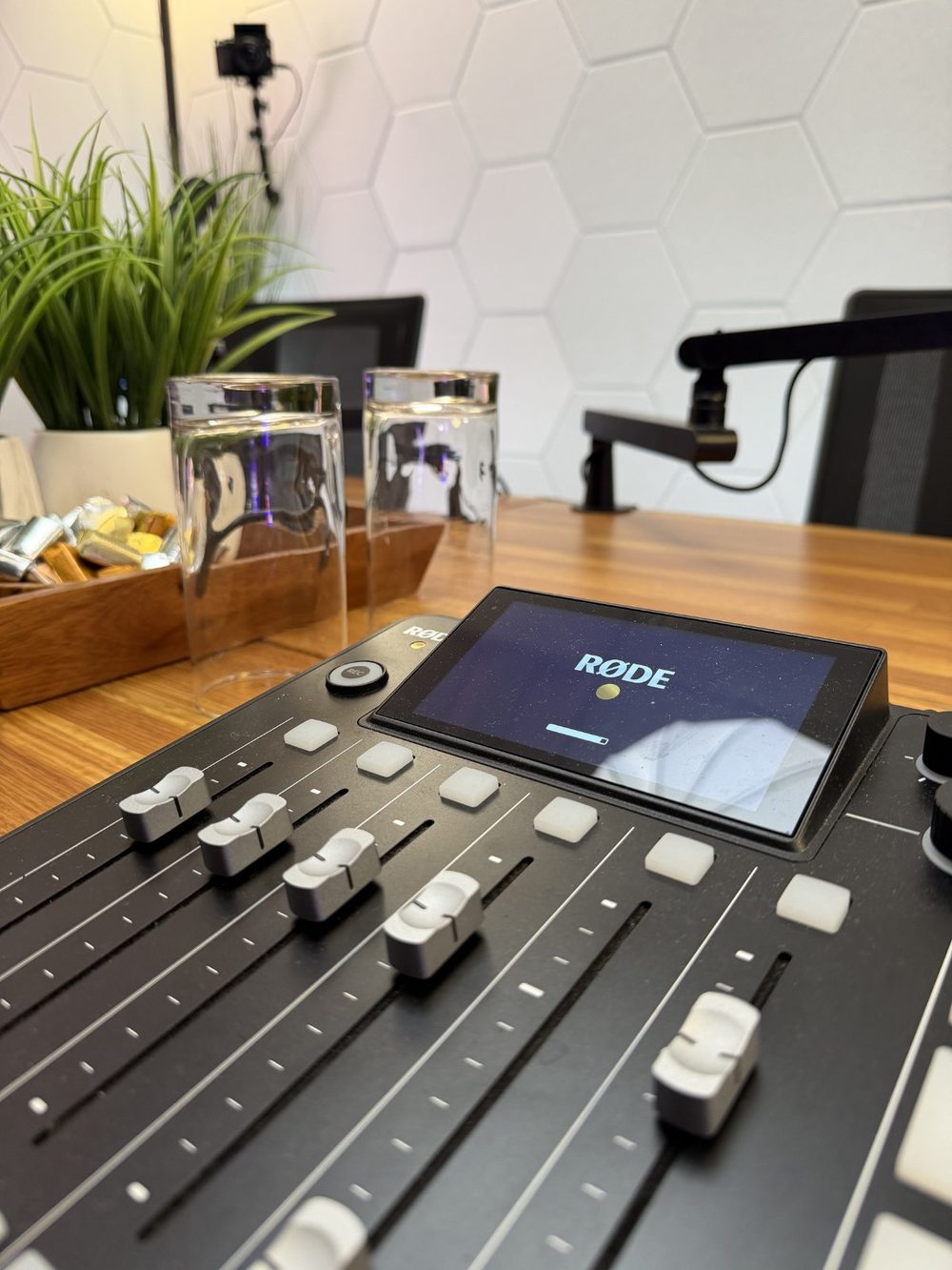 Professional podcast audio engineering on a RODECaster Pro II console