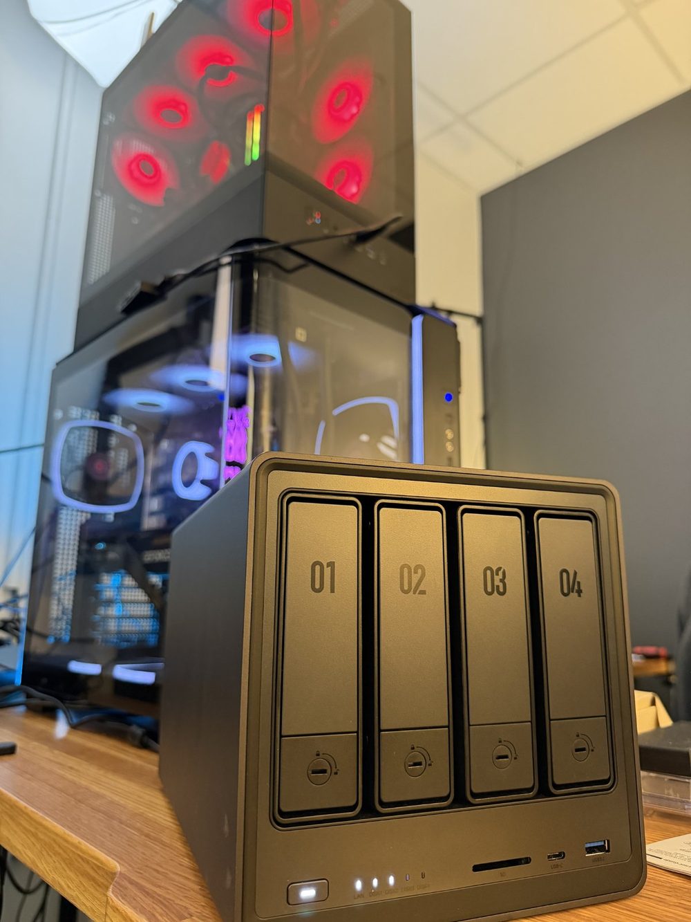 Dedicated render workstation and RAID storage for 4K podcast editing