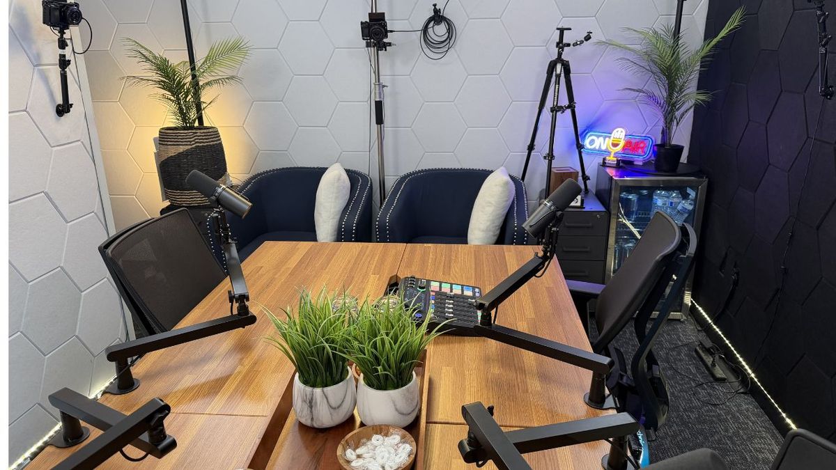 Video podcast studio with four microphones and live cameras in San Antonio