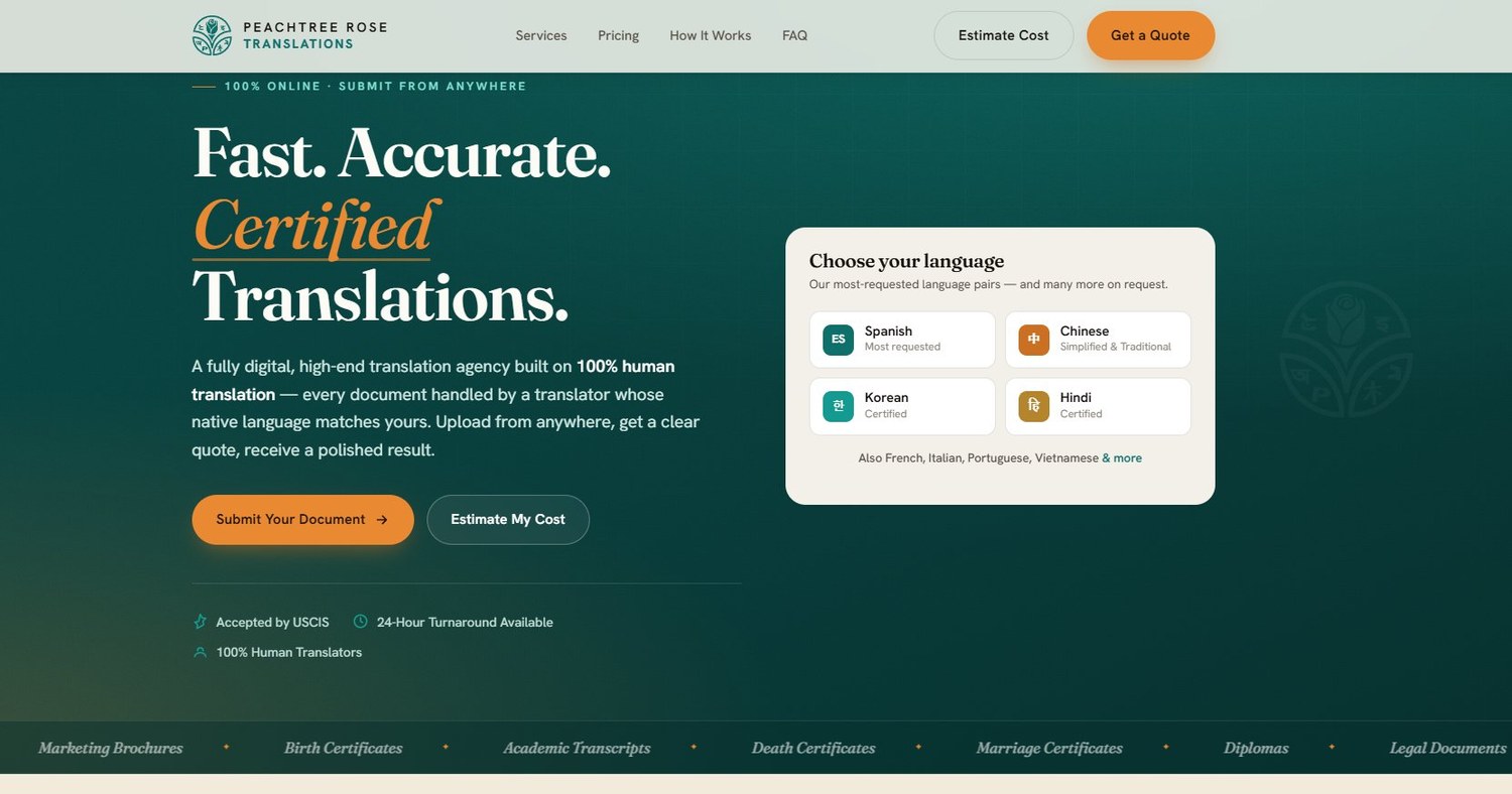 Peachtree Rose Translations homepage — Fast. Accurate. Certified Translations.