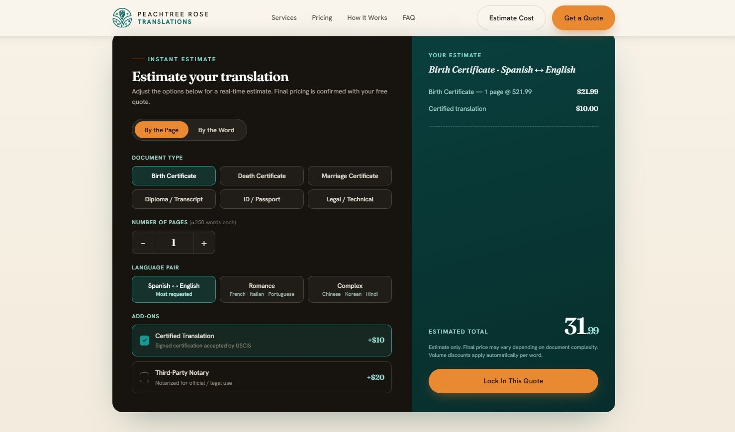 Instant price estimator showing a real-time itemized total