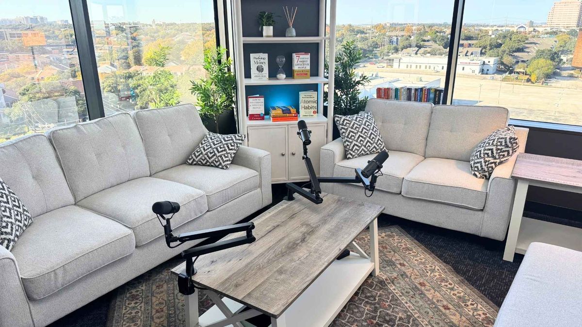 Lounge-style podcast set with skyline views in San Antonio